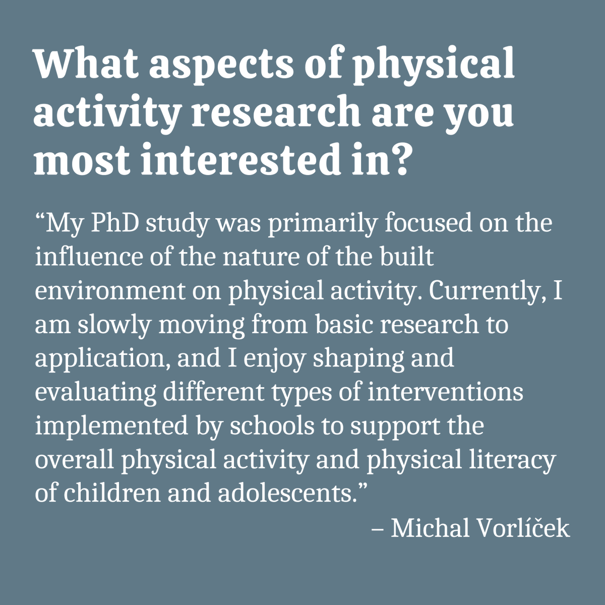 Journal of Physical Activity & Health (@jpahjournal) on Twitter photo We'd like to introduce you to Michal Vorlíček (<a href="/MichalVorlicek1/">Michal Vorlíček</a>), an #EarlyCareer researcher with <a href="/UPOlomouc/">Univerzita Palackého</a>'s Institute of Active Lifestyle. He recently published in JPAH on where Czech adolescents are active.
🔗 doi.org/10.1123/jpah.2… We'd like to introduce you to Michal Vorlíček (<a href="/MichalVorlicek1/">Michal Vorlíček</a>), an #EarlyCareer researcher with <a href="/UPOlomouc/">Univerzita Palackého</a>'s Institute of Active Lifestyle. He recently published in JPAH on where Czech adolescents are active.
🔗 doi.org/10.1123/jpah.2…
