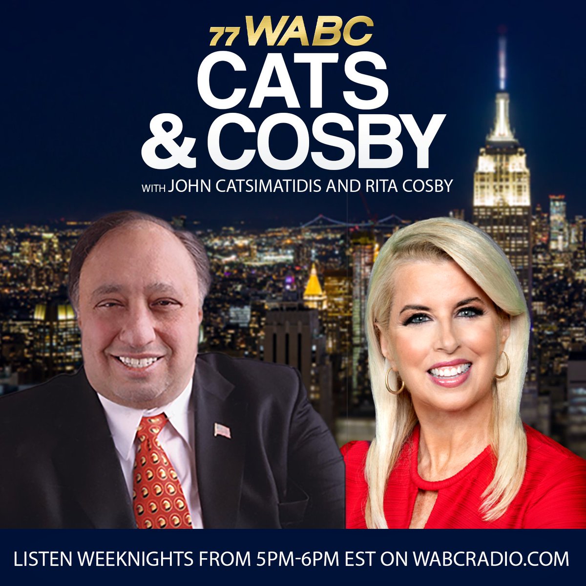 TalkRadio 77 WABC (@77wabcradio) on Twitter photo At 5PM on <a href="/Catsandcosby/">Cats & Cosby</a> with hosts <a href="/JCats2013/">John Catsimatidis</a> and <a href="/RitaCosby/">Rita Cosby</a>
In-Studio: Craig Eaton and Judge Richard Weinberg
Special Guests:
<a href="/jsolomonReports/">John Solomon</a>
<a href="/AlanDersh/">Alan Dershowitz</a>
<a href="/StephenMoore/">Stephen Moore</a>
<a href="/RepBethVanDuyne/">Congresswoman Beth Van Duyne</a>
<a href="/LeeMZeldin/">Lee Zeldin</a>
<a href="/DickMorrisTweet/">Dick Morris</a>
Listen on wabcradio.com or on the 77 WABC app! At 5PM on <a href="/Catsandcosby/">Cats & Cosby</a> with hosts <a href="/JCats2013/">John Catsimatidis</a> and <a href="/RitaCosby/">Rita Cosby</a>
In-Studio: Craig Eaton and Judge Richard Weinberg
Special Guests:
<a href="/jsolomonReports/">John Solomon</a>
<a href="/AlanDersh/">Alan Dershowitz</a>
<a href="/StephenMoore/">Stephen Moore</a>
<a href="/RepBethVanDuyne/">Congresswoman Beth Van Duyne</a>
<a href="/LeeMZeldin/">Lee Zeldin</a>
<a href="/DickMorrisTweet/">Dick Morris</a>
Listen on wabcradio.com or on the 77 WABC app!