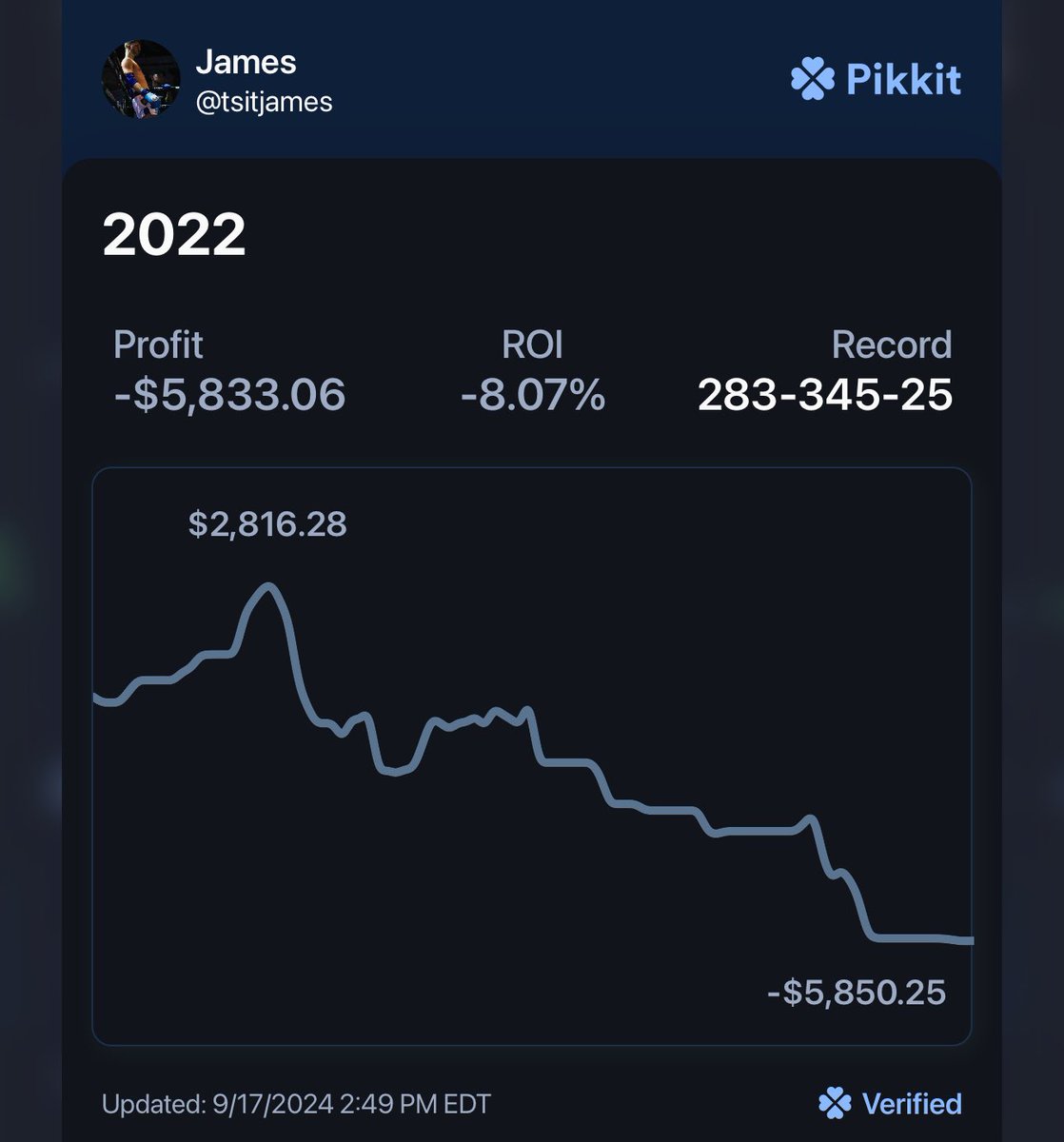 tsitjames's tweet image. 𝐈 𝐰𝐞𝐧𝐭 𝐟𝐫𝐨𝐦 𝐥𝐨𝐬𝐢𝐧𝐠 $𝟔,𝟎𝟎𝟎 𝐢𝐧 𝟐𝟎𝟐𝟐 𝐭𝐨 𝐦𝐚𝐤𝐢𝐧𝐠 $𝟖𝟐,𝟎𝟎𝟎 𝐢𝐧 𝟐𝟎𝟐𝟒.
Instead of doing normie activity gambling. I started using the software @OddsJam and turned shitcoin money into INSANE PROFIT.
On the left is 2022. (broke, drunk, and…