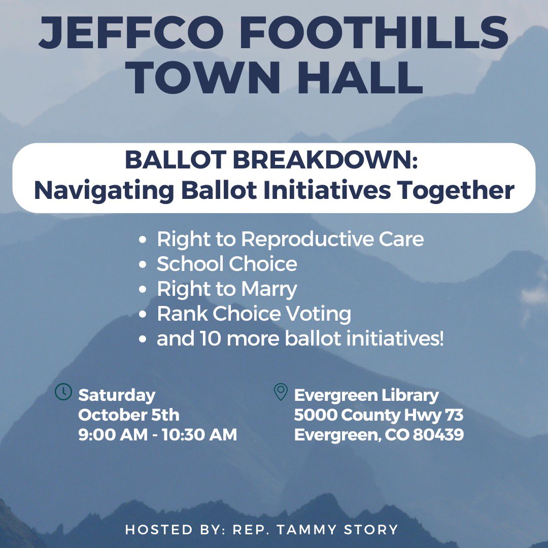 Come learn about 14 ballot initiatives at the Jeffco Foothills Town Hall on Oct. 5th from 9:00-10:30 am at Evergreen Library! It’s vitally important to be informed about everything coming up on the ballot this November. 

#StoryforHD25   #informedvoter  #ballotinitiatives