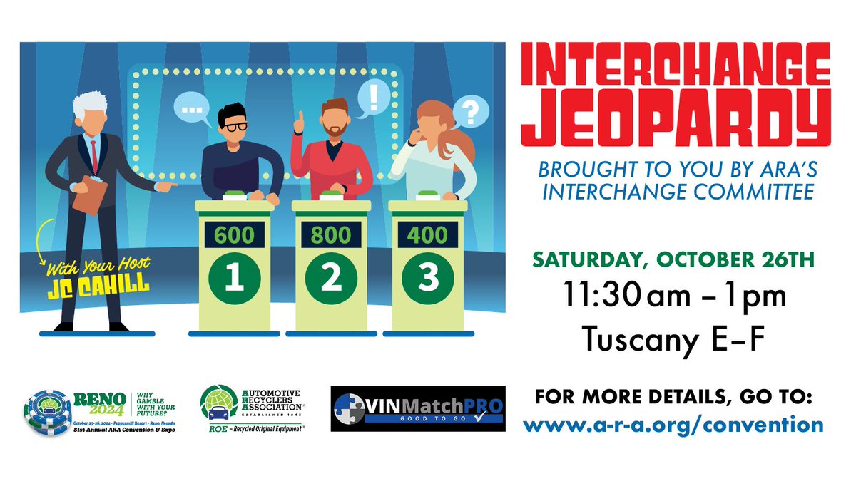 Join us in Reno for our Interchange Jeopardy contest! 🎉 Test your interchange knowledge, compete for bragging rights and a $1,000 cash prize, sponsored by VinMatchPro! 🏆 Email ARA's Peer Interchange Subcommittee at ARAPI@a-r-a.org to sign up! #jeopardy #automotiverecycling