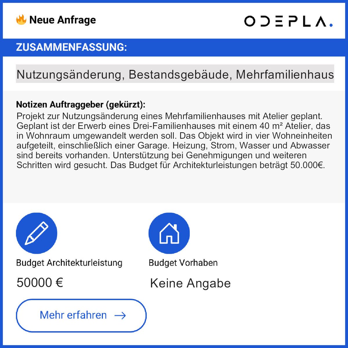 Projekt: Nutzungsänderung eines Mehrfamilienhauses mit Atelier.  
Geplant: Kauf eines Drei-Familienhauses, Atelier wird Wohnraum, 4 Einheiten mit Garage.  
Budget: Architektur 50.000€. Unterstützung bei Genehmigungen gesucht: app.odepla.de/register