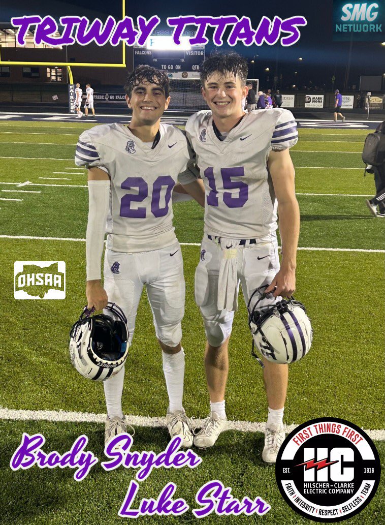 Hilscher-Clarke “Electric Players” of the Game from Week 4

Brody Snyder - Luke Starr ⚡️
<a href="/TriwayFootball/">Triway Football</a> 

#SMGNetwork
<a href="/TriwaySchools/">Triway Local Schools</a> <a href="/TriwayAthletics/">Triway Titans Athletics</a> <a href="/TriwayBoosters/">Triway Booster Club</a> <a href="/MaxPreps/">MaxPreps</a> <a href="/OHSAASports/">OHSAA Sports</a> <a href="/jtyler1120/">Jeff Tyler (The Natural)</a> <a href="/TriwayBSB/">Triway Titans Baseball</a> <a href="/Hilscher_Clarke/">Hilscher-Clarke Electric</a>