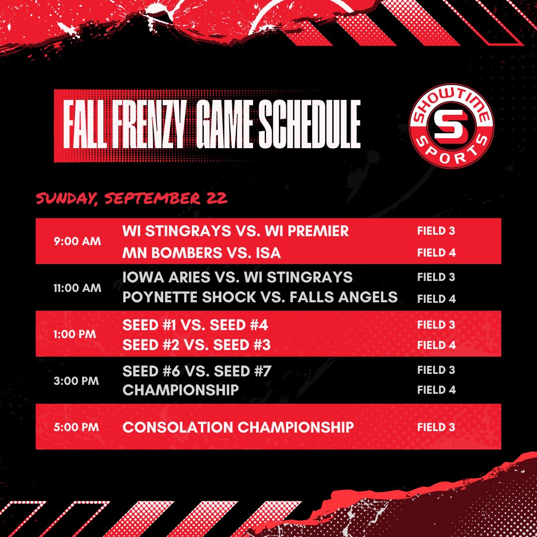 Showtime Sports (@showtimesports1) on Twitter photo 📅The Fall Frenzy is here! Check out the full game lineup and mark your calendars! 🏆
We will see you there @ESA_HARRIS <a href="/iowa_aries/">Iowa Aries</a> <a href="/MN_Bombers_18U/">Minnesota Bombers 18U National</a> @ISA_softball 📅The Fall Frenzy is here! Check out the full game lineup and mark your calendars! 🏆
We will see you there @ESA_HARRIS <a href="/iowa_aries/">Iowa Aries</a> <a href="/MN_Bombers_18U/">Minnesota Bombers 18U National</a> @ISA_softball