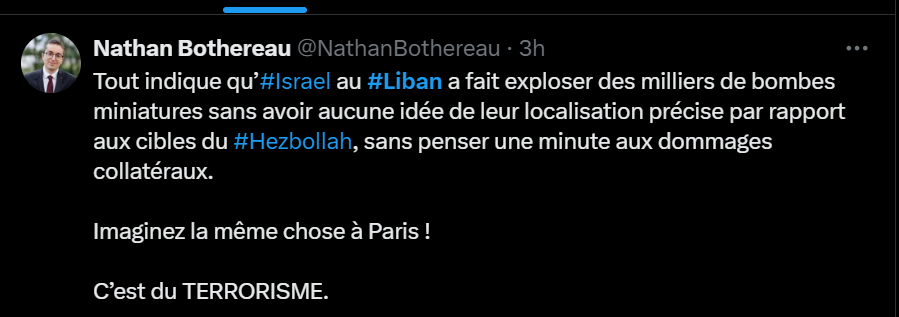 EmmanuelDrouin1's tweet photo. 3 jours de deuil à LFI pour les membres du #Hezbollah touchés par l'explosion de leur #Bipeur ;)
Ce n'est pas une blague, Nathan, collaborateur parlementaire de Soudais a réagi avec ce tweet ! https://t.co/YZUeeI1rp3