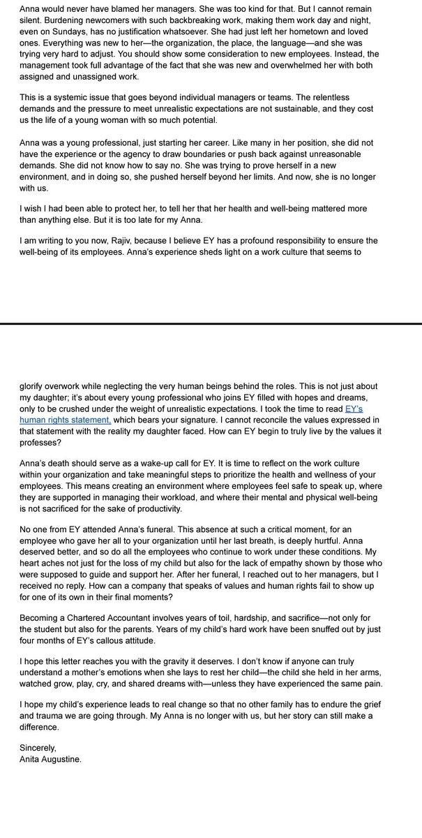 sumedhasharma86's tweet photo. Mother of deceased CA in  #pune of top #MNC
@EY_India writes to chairman  @rajivmemani accusing  company's #WorkplaceCulture cost her life. No one from her company attended her funeral.  The corporate and MNC work culture needs to be seriously looked into as work life balance is loosing relevance.  The big fat pay check comes with stress and anxiety and facility of #WorkFromHome
while imposes deadline but diminishes concept of fixed working hours.