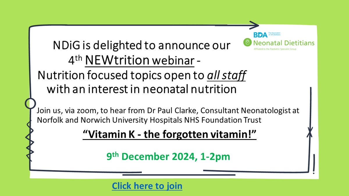We are TWO WEEKS away from our next #NEWtrition webinar! 😃
On 9th Dec at 1pm GMT, we have Dr Paul Clarke <a href="/drpaulclarke/">Paul Clarke</a> discussing vitamin K - the forgotten vitamin!
Click here to join on the day -&gt; bit.ly/NEWtrition4

#NeoTwitter <a href="/BAPM_Official/">BAPM</a> <a href="/N3_neonut/">N3</a>
