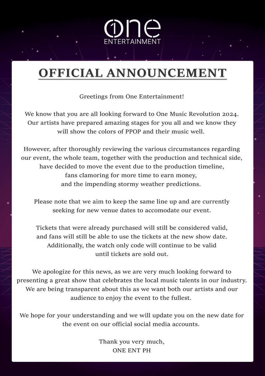 oneentph's tweet photo. We have an important announcement for One Music Revolution 2024!

Please read the full statement below.

#omr2024 #oneentph
#onemusicrevolution
#OneMusicOneHeart https://t.co/LBDbAlrzeR