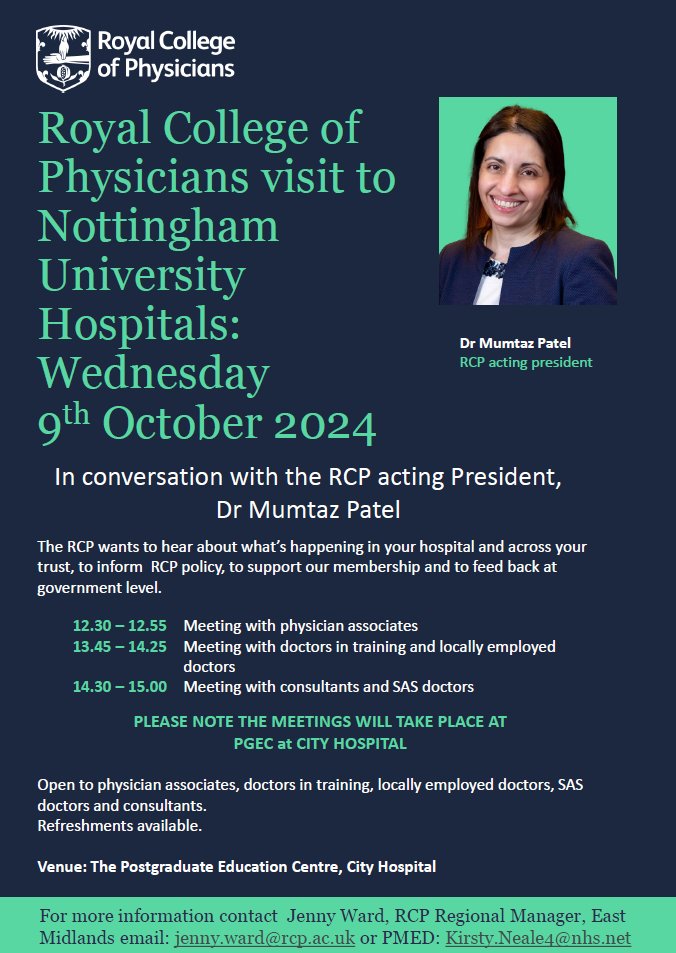 PMED at NUH City & QMC (@nuhpmed) on Twitter photo The Royal College of Physicians is visiting <a href="/nottmhospitals/">Nottingham University Hospitals</a> on Wednesday 9 October. Please join us to share your views with the RCP. We look forward to welcoming you. The Royal College of Physicians is visiting <a href="/nottmhospitals/">Nottingham University Hospitals</a> on Wednesday 9 October. Please join us to share your views with the RCP. We look forward to welcoming you.