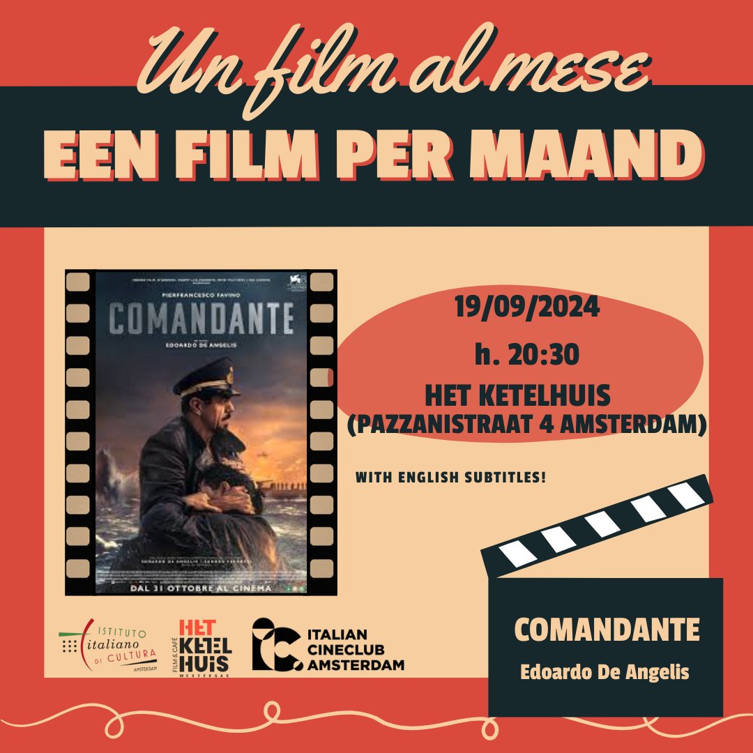 🎬 UN FILM AL MESE / EEN FILM PER MAAND📷
 Il primo film proiettato con Het Ketelhuis e Italian Cineclub sarà "Comandante" di Edoardo De Angelis.  
De eerste film in samenwerking met Het Ketelhuis en het Italian Cineclub - Amsterdam zal "Comandante" zijn.  urly.it/310a40