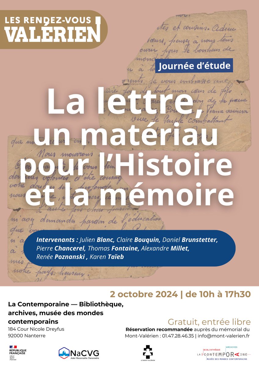 Mercredi 2 oct., assistez à une journée d’étude : « La lettre, un matériau pour l’Histoire et la Mémoire ». 
Matériaux méconnus, souvent délaissés, les lettres constituent une source précieuse pour l'Histoire et la mémoire de la Seconde Guerre mondiale.