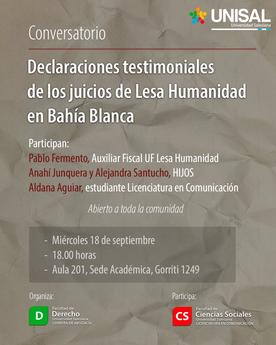 Mañana nos visitan:  
🟦 @pablo_fermento, Auxiliar Fiscal UF Lesa Humanidad
🟩 @anahijunquera_ y Alejandra Santucho @hijosbahiablanca
🟨 Aldana Aguiar, estudiante de Comunicación.
⁣⁣
ℹ️ Charla abierta a la comunidad

¡Los esperamos!
⁣⁣
