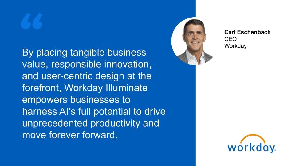 CarolynBench's tweet photo. Announcing Workday Illuminate! @Workday is elevating humans by enabling them to focus on the work that matters and do the things that are uniquely human. Read the full announcement. #AI #WDAYRising  #TeamWDAY https://t.co/awZvm5HOru https://t.co/3ebBMaD5w4