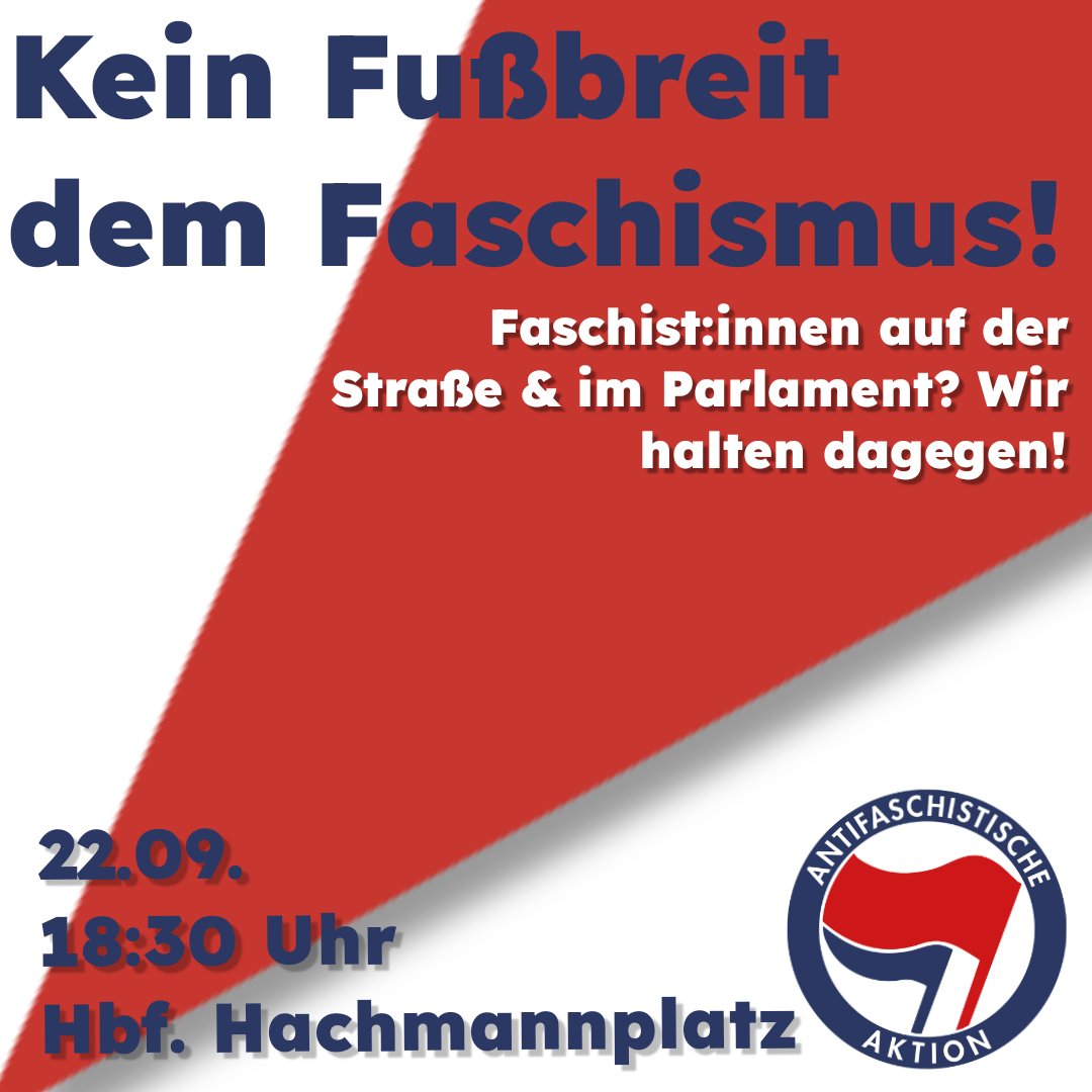 H_B_g_R_Info's tweet photo. Kommt am #hh2209 um 18:30 Uhr zum Hachmannplatz: Kein Fußbreit dem Faschismus! Lasst uns gemeinsam ein Zeichen setzen.
#hbgr #nonazishh #noafd #antifa #oat_040 https://t.co/myL1gkNVm6