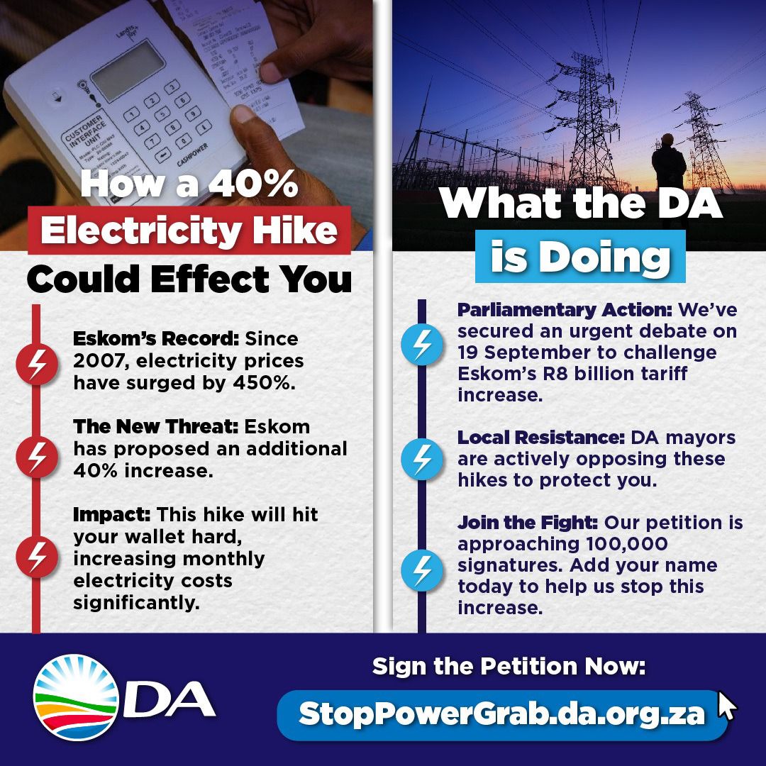 Democratic Alliance (@our_da) on Twitter photo 🚨 Don't let Eskom rob you. The DA has declared Wednesday 18 September a National Day of Action against the 40% electricity tariff hike.
Take a stand and be part of the activities taking place tomorrow across the country, find out where here at da.org.za/p/join-the-das… 🚨 Don't let Eskom rob you. The DA has declared Wednesday 18 September a National Day of Action against the 40% electricity tariff hike.
Take a stand and be part of the activities taking place tomorrow across the country, find out where here at da.org.za/p/join-the-das…