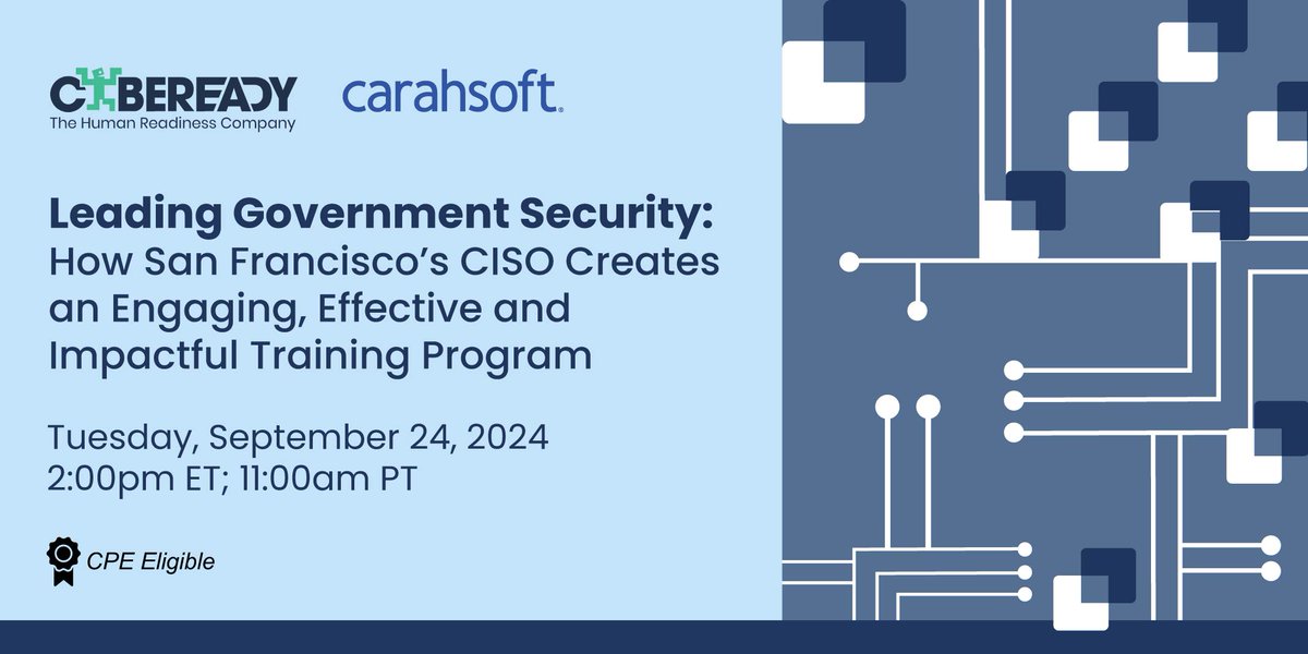 Carahsoft (@carahsoft) on Twitter photo Keep your agency’s data secure. Uncover how to protect your organization’s workflows, culture and data through data-driven strategies with <a href="/CybeReady/">CybeReady | Security Awareness Training</a> on 9/24: carah.io/369661 Keep your agency’s data secure. Uncover how to protect your organization’s workflows, culture and data through data-driven strategies with <a href="/CybeReady/">CybeReady | Security Awareness Training</a> on 9/24: carah.io/369661