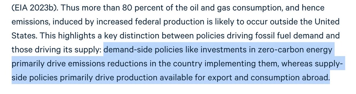 This is super wonky, but interesting: 

Demand-side climate policies (e.g. EV incentives, clean energy tax credits) primarily drive domestic emissions reductions. 

Supply-side policies (e.g. reduced oil and gas leasing) primarily drive emissions reductions in other countries.