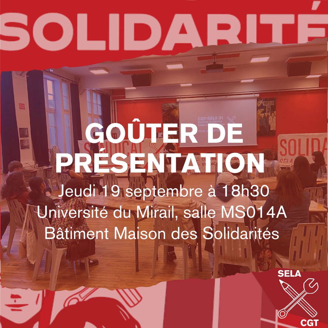 🔴 Goûter de présentation 

👉 Ce jeudi, nous organisons sur l'université du Mirail une nouvelle réunion de rentrée autour d'un goûter afin de présenter le syndicat, discuter et passer un moment convivial !