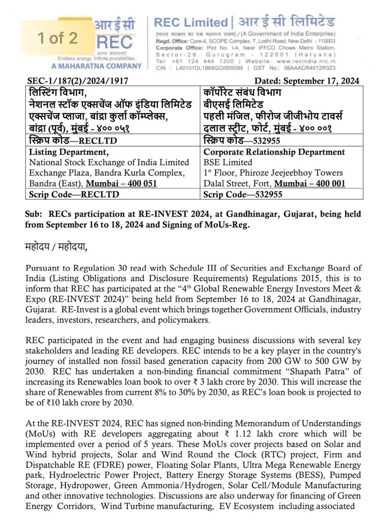 AdeptMarket's tweet photo. JUST IN, 🔥🔥🔥
EXTREMELY POSITIVE NEWS FOR #REC & #PFC 

Press release says - 
REC has signed a massive MOU worth 1,12,000 CR with Renewable Energy developers at RE-INVEST 2024 

REC intends to be a key player in the country's journey of installed non fossil based generation capacity from 200 GW to 500 GW by 2030. 

Renewable energy Loan Book to be 3 Lakh crores by 2030

This will increase the share of Renewables from current 8% to 30% by 2030, as REC’s loan book is projected to be of ₹10 lakh crore by 2030.