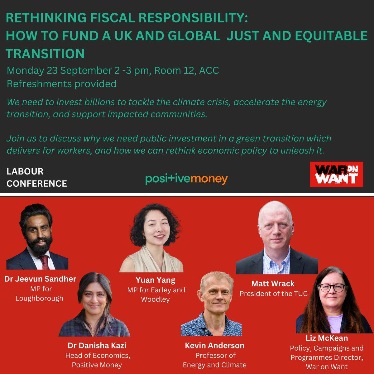 PositiveMoneyUK's tweet photo. 📢 We’re excited to be organising this panel with
@WarOnWant at Labour Party Conference, next Monday at 2pm.   

Join us to discuss why &amp; how we must deliver public investment at scale for a UK and Global just transition.  

Let us know you’re coming 👉https://t.co/mt0kfyZosN https://t.co/wecXmnh7dE