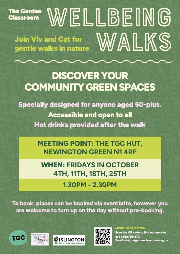grdnclassroom's tweet photo. Discover your local community green spaces with Viv and Cat for gentle weekly walks in nature. Designed for anyone aged 50+ and those who may benefit from spending time outdoors. Fri Oct 4, 11, 19, 25 at 1.30pm. Meet TGC hut Newington Green N1 4RF. Hot drinks after the walk! 🌿 https://t.co/CCbVdeCQdx