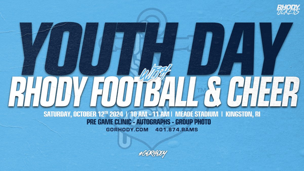 Rhody Tickets (@rhodytickets) on Twitter photo 🏆𝗬𝗼𝘂𝘁𝗵 𝗗𝗮𝘆 + 𝗚𝗼𝘃𝗲𝗿𝗻𝗼𝗿'𝘀 𝗖𝘂𝗽🏆
Bring your young Rams for a morning clinic ON THE FIELD with URI athletes and stick around to cheer on <a href="/RhodyFootball/">Rhody Football</a> vs. Brown at 1 PM!
🔹Clinic starts at 10 AM!🔹
Get your tix NOW! #GoRhody 🐏🏈
🎟️: bit.ly/3AYkMLr 🏆𝗬𝗼𝘂𝘁𝗵 𝗗𝗮𝘆 + 𝗚𝗼𝘃𝗲𝗿𝗻𝗼𝗿'𝘀 𝗖𝘂𝗽🏆
Bring your young Rams for a morning clinic ON THE FIELD with URI athletes and stick around to cheer on <a href="/RhodyFootball/">Rhody Football</a> vs. Brown at 1 PM!
🔹Clinic starts at 10 AM!🔹
Get your tix NOW! #GoRhody 🐏🏈
🎟️: bit.ly/3AYkMLr