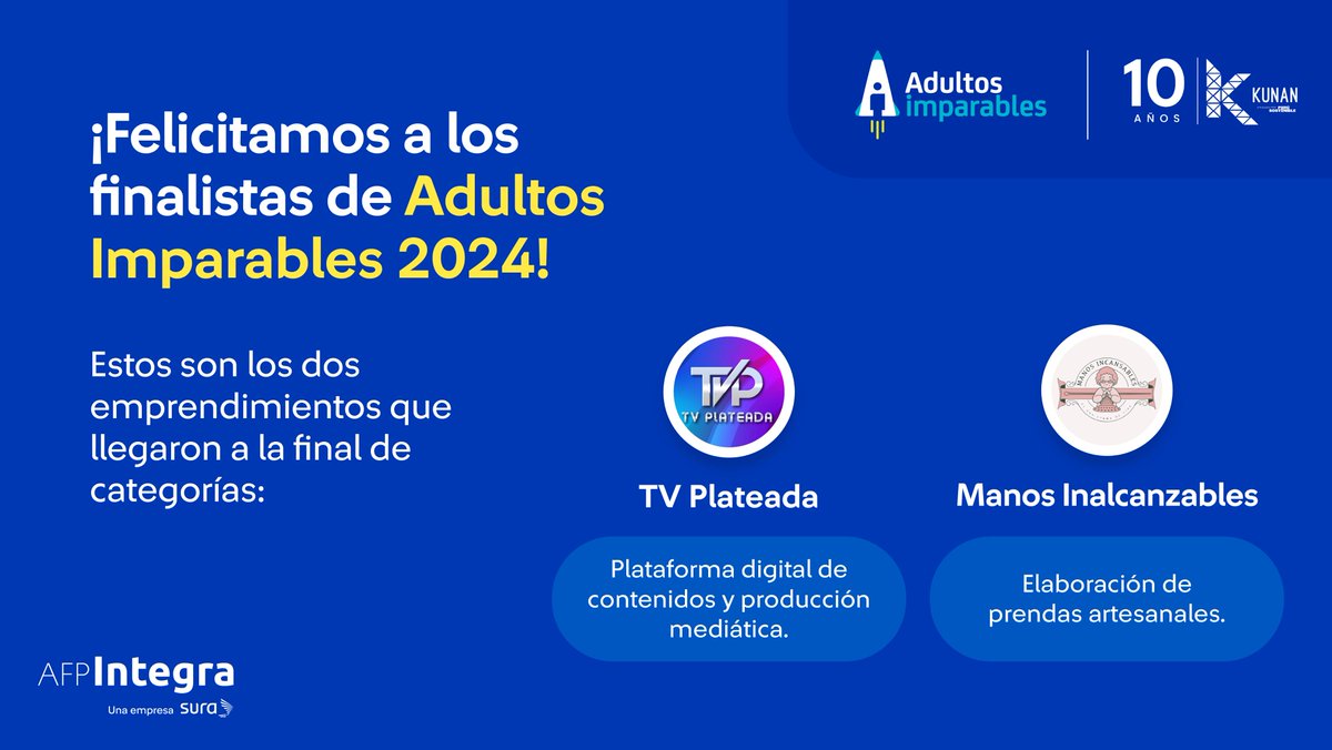 De los 50 emprendimientos sociales que postularon a la décima edición del #DesafíoKunan, #TVPlateada y #ManosInalcanzables pasaron a la final de nuestra categoría #AdultosImparables. Esperamos que esta experiencia los llene de motivación para continuar potenciando sus negocios.