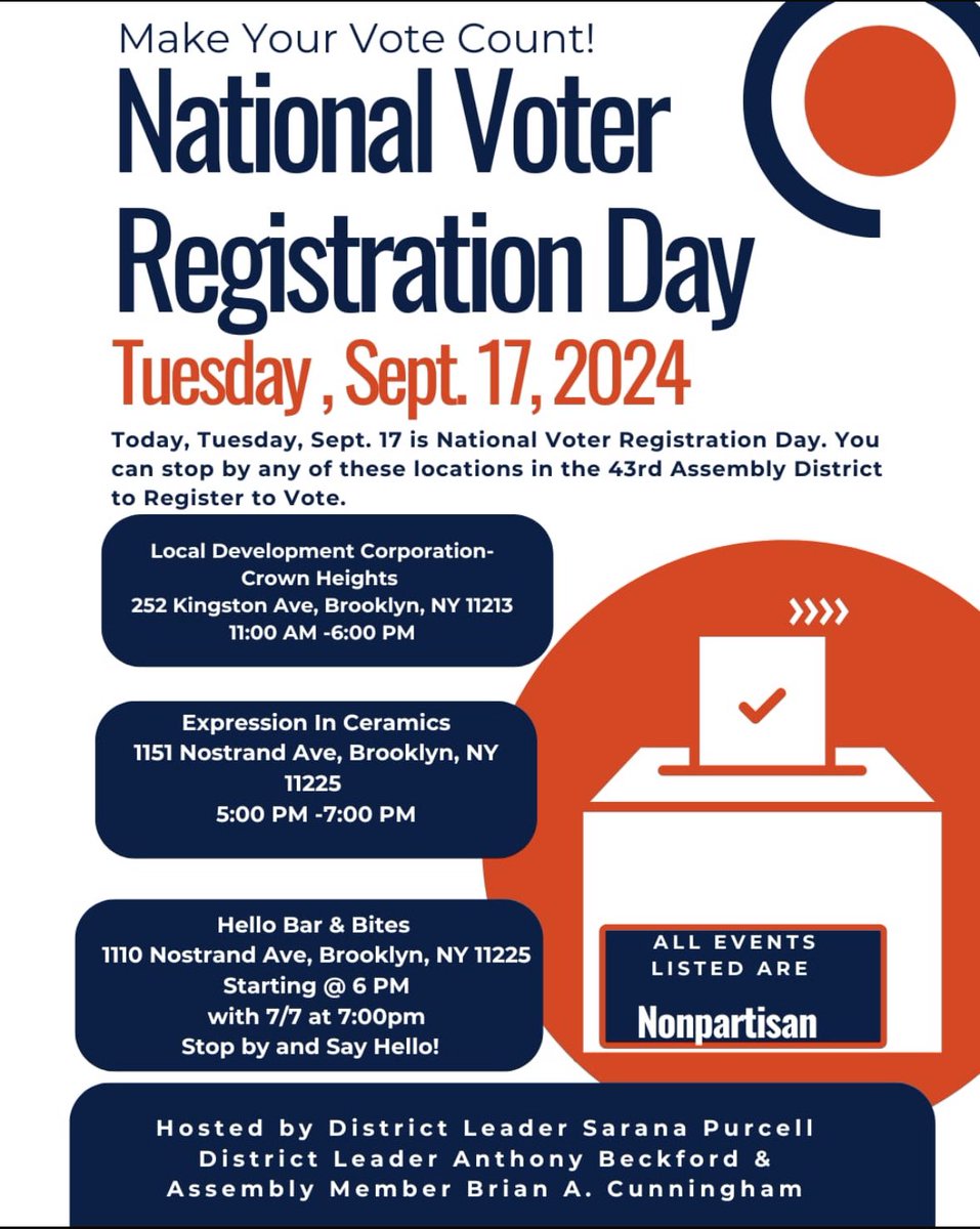 NYAMCunningham's tweet image. "Today is #NationalVoterRegistrationDay! Your vote is your voice, and it’s never been more important to make sure you're registered and ready to cast your ballot. Take a moment to check your registration today and ensure your voice is heard. #GetRegistered #VoteReady