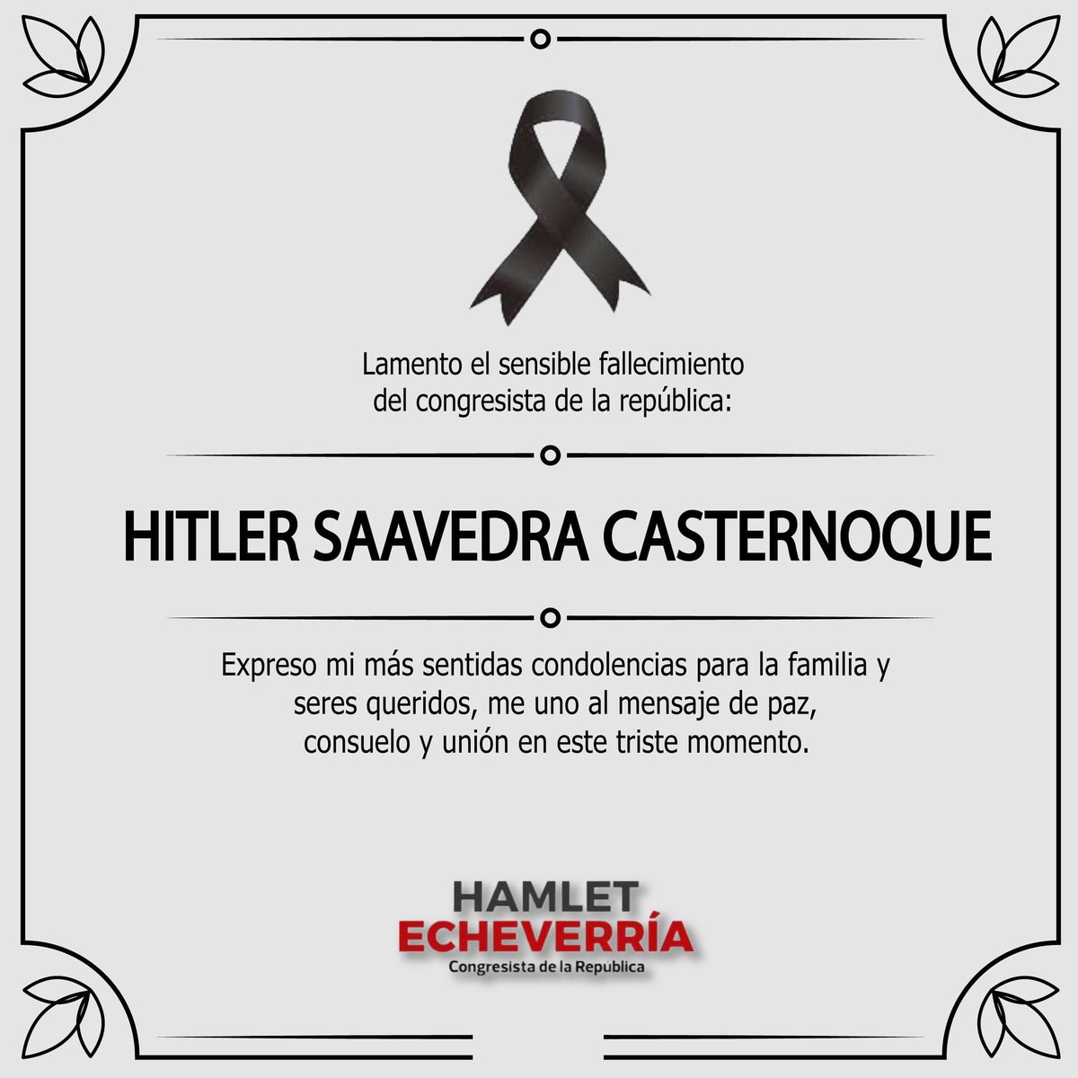 Envío mi más sentido pésame a la familia y seres queridos del congresista Hitler Saavedra en este duro momento. Que el señor les brinde mucha fortaleza y unión. 

Descansa en paz compañero. 🕊