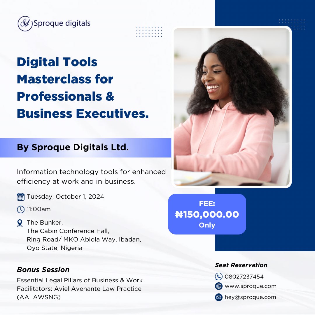 lekankolawole's tweet image. On October 1, 15 business executives, entrepreneurs &amp;amp; professionals will be armed with tech &amp;amp; digital tools to augment work &amp;amp; business efficiency.
#modernworktools #efficientwork #sproque