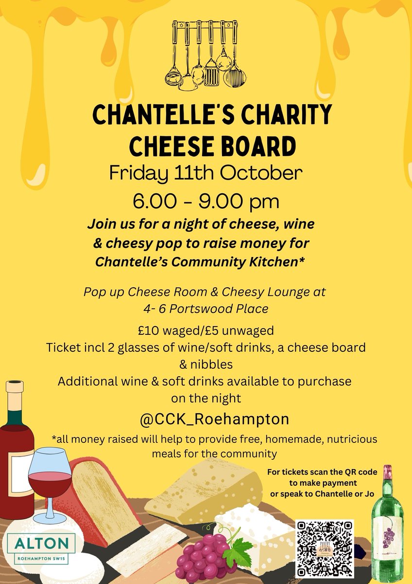 🧀🍷CHEESE BOARD NIGHT🍷🧀 Join us on Friday 11th October for our fundraising event! It will be a fun filled night full of good vibes. Tickets include a cheese board and 2 glasses of wine or soft drinks.
Use QR Code or visit the kitchen for tickets 😁