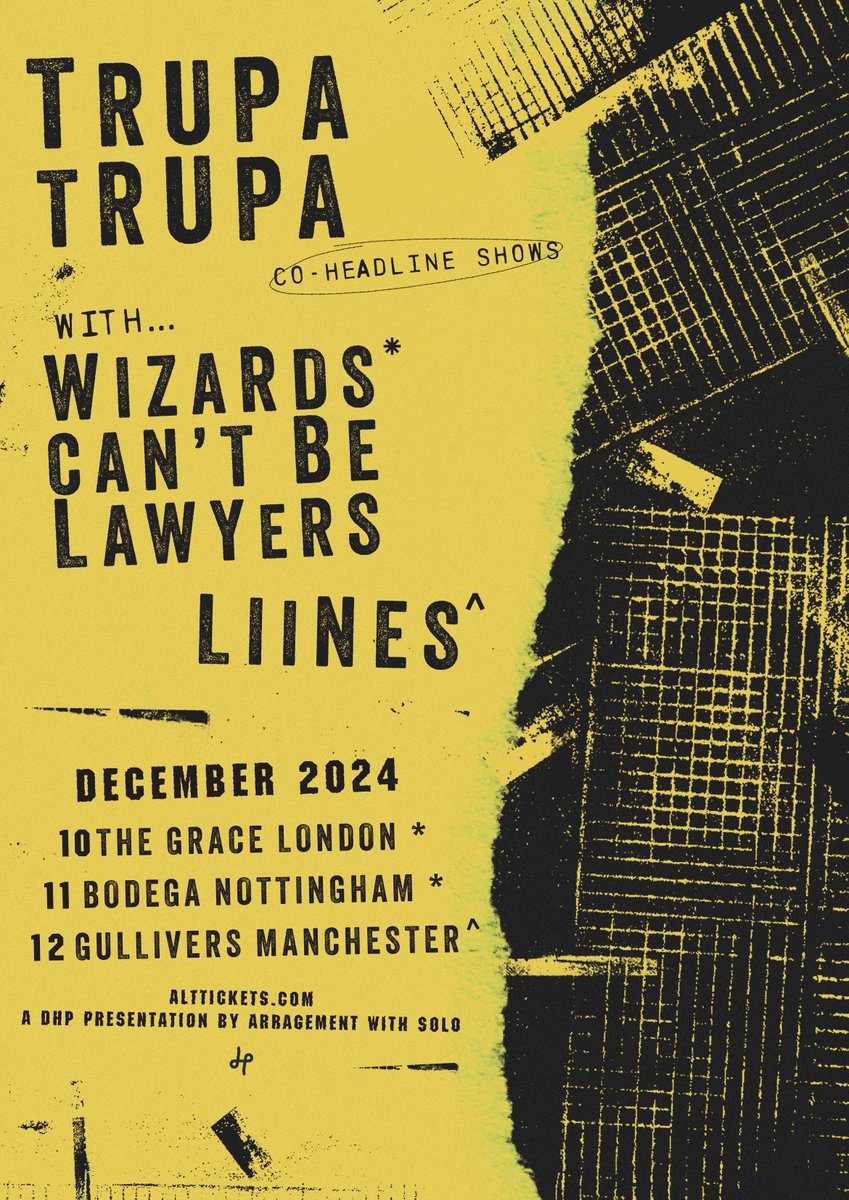 DHP Family (@dhpfamily) on Twitter photo Polish psychedelic post punk band <a href="/trupatrupaband/">Trupa Trupa</a> have announced UK dates in December.
They'll be playing with Wizards Can't Be Lawyers at <a href="/thegraceldn/">The Grace</a> and <a href="/bodeganotts/">The Bodega</a>, and <a href="/WEARELIINES/">LIINES</a> at <a href="/gulliverspub/">Gullivers</a>!
Tickets on sale Friday, set a reminder: tinyurl.com/39t6su45 Polish psychedelic post punk band <a href="/trupatrupaband/">Trupa Trupa</a> have announced UK dates in December.
They'll be playing with Wizards Can't Be Lawyers at <a href="/thegraceldn/">The Grace</a> and <a href="/bodeganotts/">The Bodega</a>, and <a href="/WEARELIINES/">LIINES</a> at <a href="/gulliverspub/">Gullivers</a>!
Tickets on sale Friday, set a reminder: tinyurl.com/39t6su45