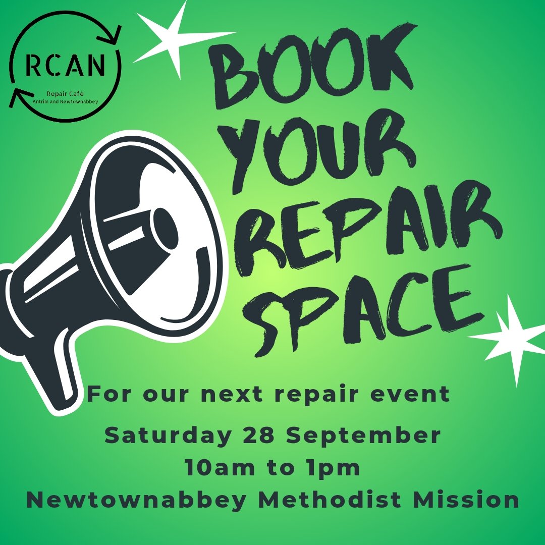 It's time to book your broken or damaged items in for our next repair event to see if our fabulous volunteers can fix it. 

🗓️ Saturday 28 September
🕙10am to 1pm
📍Newtownabbey Methodist Mission, 35 Rathcoole Drive, Newtownabbey, BT370BB

Book here: ti.to/repair-cafe-an…