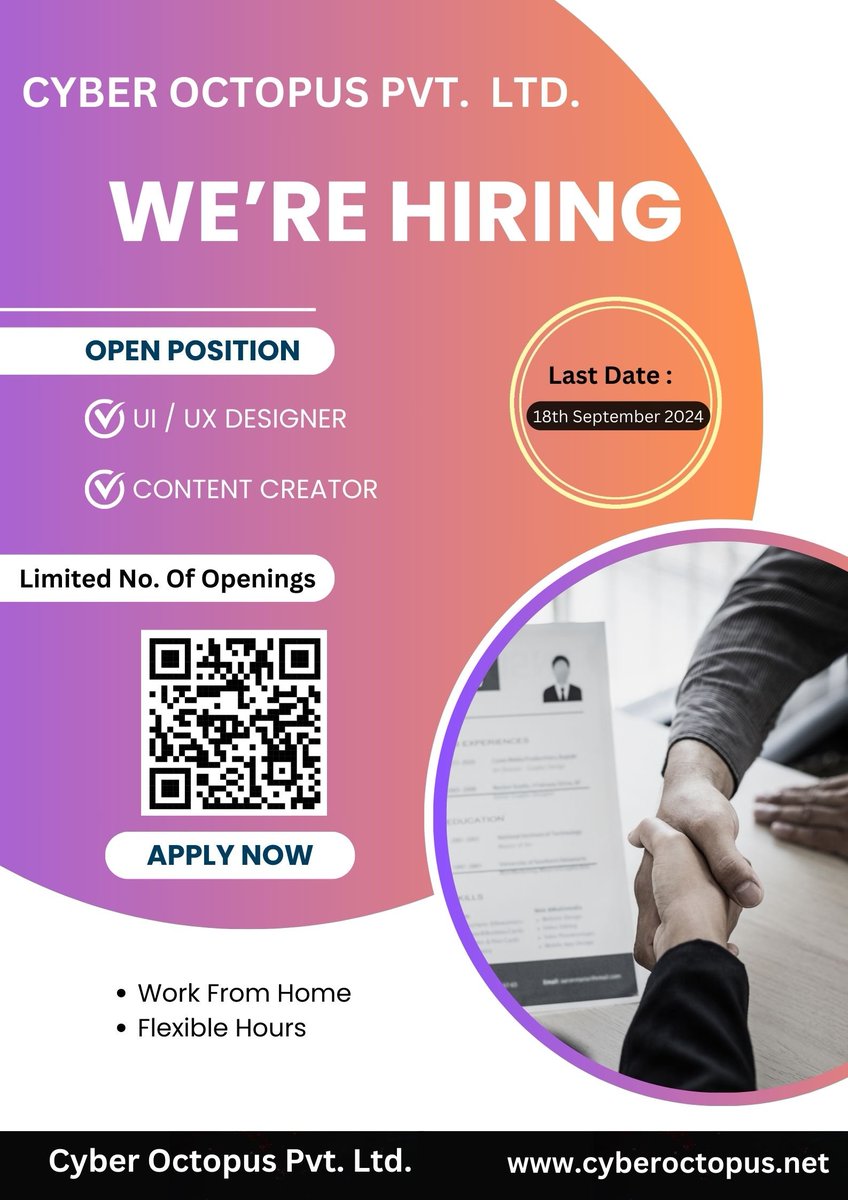 cyberoctopus1's tweet photo. 𝘾𝙮𝙗𝙚𝙧 𝙊𝙘𝙩𝙤𝙥𝙪𝙨 𝙋𝙫𝙩. 𝙇𝙩𝙙. is currently hiring for two exciting positions: UI/UX Designer and Content Creator.

Last Date :- 𝟏𝟖𝐭𝐡 𝐬𝐞𝐩𝐭𝐞𝐦𝐛𝐞𝐫 𝟐𝟎𝟐𝟒

Apply Now :- https://t.co/yKRlGMUIt6 https://t.co/JUh78Nvlnd