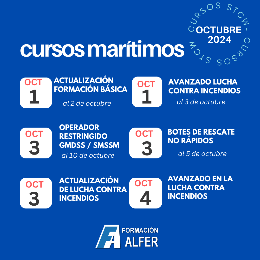 FormacionAlfer's tweet photo. ¡Nuestro calendario de cursos de formación marítima profesional de OCTUBRE!
No dejes pasar la oportunidad de renovar tus certificados y avanzar en tu carrera marítima con ALFER. ¡Reserva tu plaza en nuestra web y te contactaremos por WhatsApp para enviarte toda la información https://t.co/0roRMFDsLB