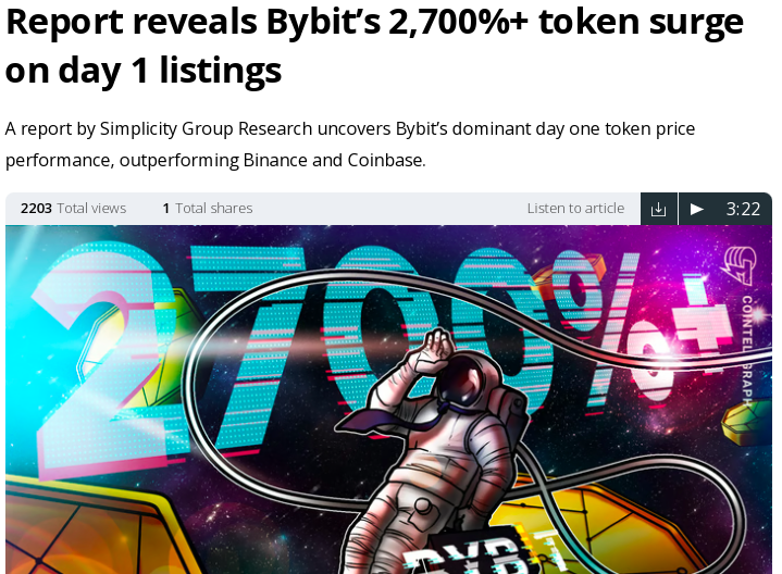 ZaksCryptoPanda's tweet photo. A recent report from Simplicity Group Research reveals Bybit's impressive day-one token price performance, surpassing both Binance and Coinbase. Plus, they have an upcoming airdrop and an incredible verified BONUS of up to $30,000!

Get started here: https://t.co/RHoKPVLo5u https://t.co/0RHwPtwIaZ