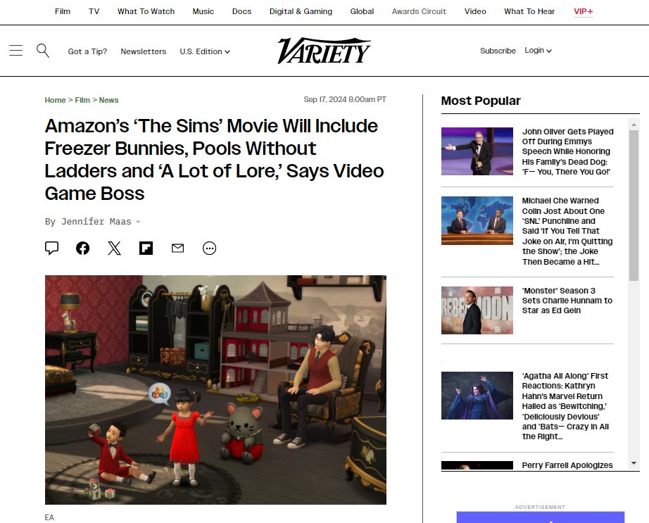 The image of my Kit is featured on the cover of a <a href="/Variety/">Variety</a> article about The Sims movie announcement! 😍