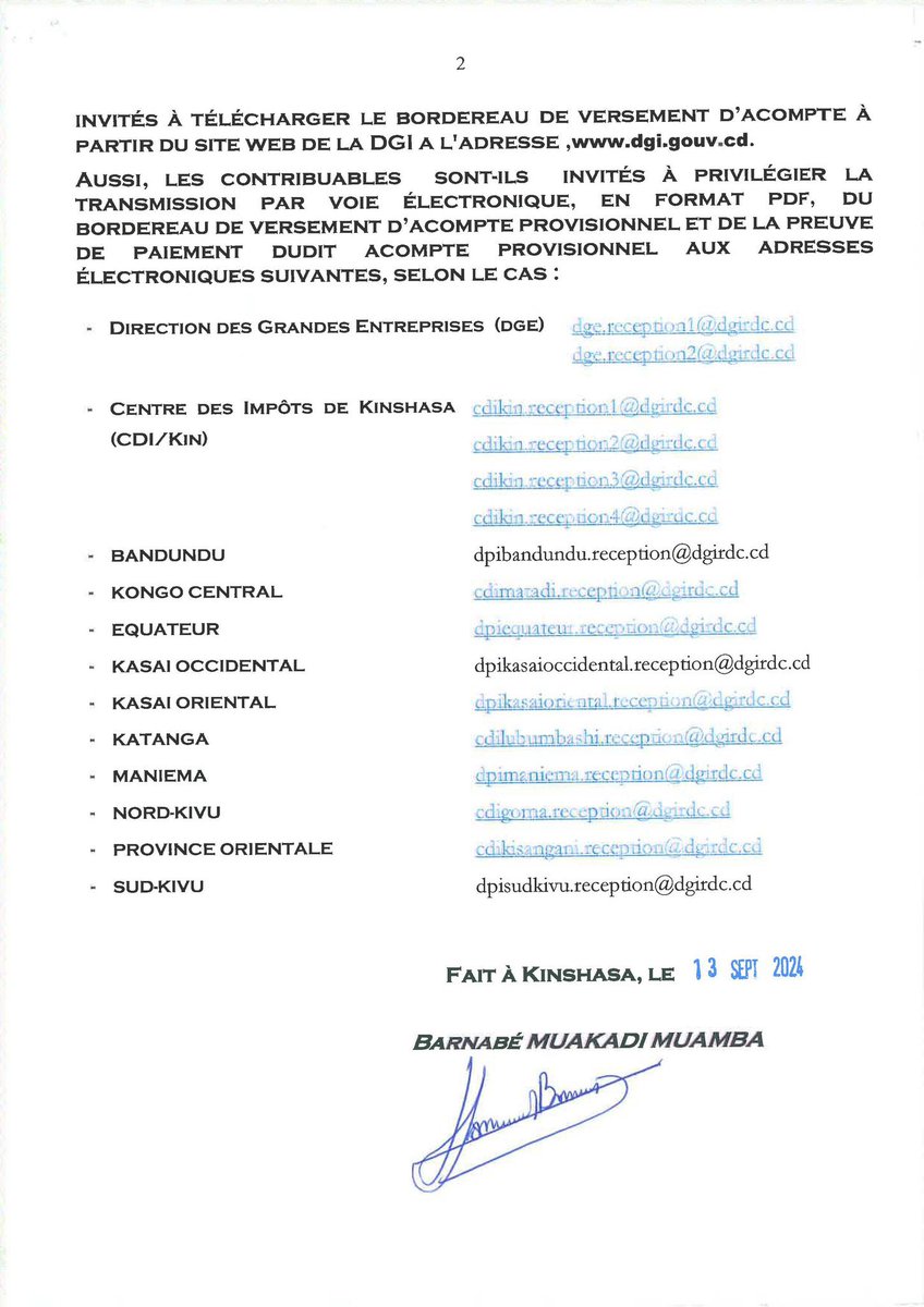 FutaMpako's tweet photo. La DGI informe les contribuables que la date limite pour le versement du deuxième acompte provisionnel de l’Impôt sur les Bénéfices et Profits (IBP) pour l’exercice fiscal 2025 (revenus de 2024) est fixée au lundi 30 septembre 2024. @financesrdc 
#AcompteIBP #DéclarationFiscale https://t.co/KvI7bUHese
