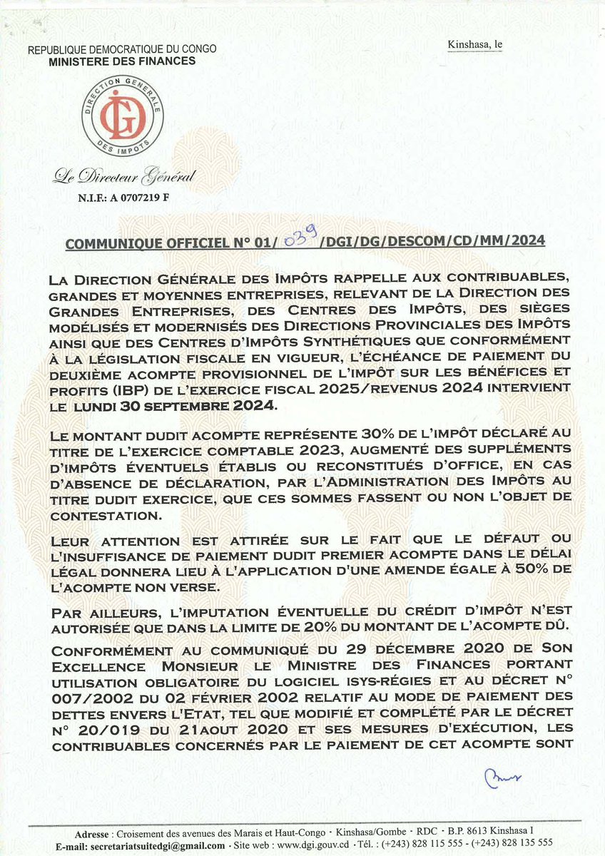 FutaMpako's tweet photo. La DGI informe les contribuables que la date limite pour le versement du deuxième acompte provisionnel de l’Impôt sur les Bénéfices et Profits (IBP) pour l’exercice fiscal 2025 (revenus de 2024) est fixée au lundi 30 septembre 2024. @financesrdc 
#AcompteIBP #DéclarationFiscale https://t.co/KvI7bUHese