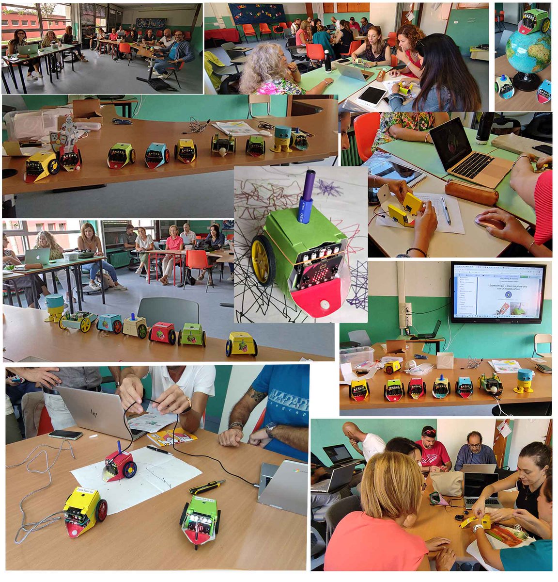 C_Gasparini's tweet photo. Corso di "Storytelling e Robotica" con i docenti  delle classi del Primo Ciclo con un robot di cartone autocostruito con #microbit.
#coding #cardyrobot  #tinkering #robot #makecode #cardyrobot #STEAM #storytelling #microbitRobots #kitronik #insegnanti20
https://t.co/HcdYKus7v9 https://t.co/KOiNqDTaHs