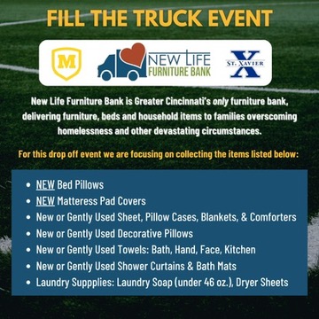 NLFBank's tweet photo. 🏈 Fill the Truck Event at the St. X vs. Moeller game! 🏈 Join us Friday, 9/20, for more than just football—we’re making a difference! Bring household essentials & support local families before kickoff! #NewLifeFurnitureBank, #MenForOthers #RemarkableMen @stxinfo, @LetsGoBigMoe https://t.co/d535mpwAGY
