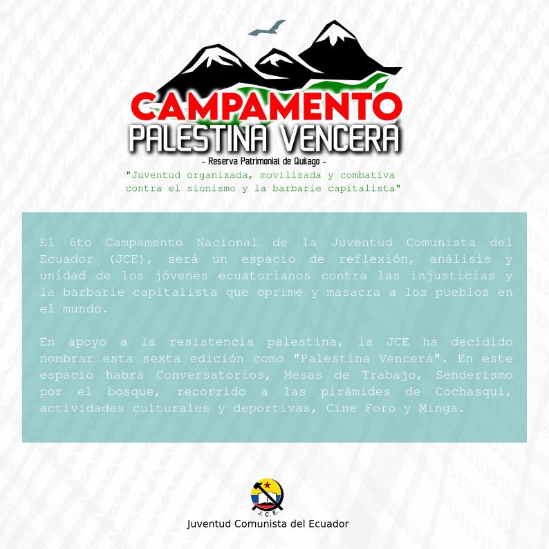 JCE_Nacional's tweet photo. ⭕El 6to Campamento de la JCE, será un espacio de reflexióny unidad de los jóvenes ecuatorianos contra las injusticias y la barbarie capitalista que oprime y masacra a los pueblos del mundo
Ven y súmate a esta experiencia 
inscríbete en el siguiente link
https://t.co/nwFdrRUml4 https://t.co/nBy5ZsE6T1