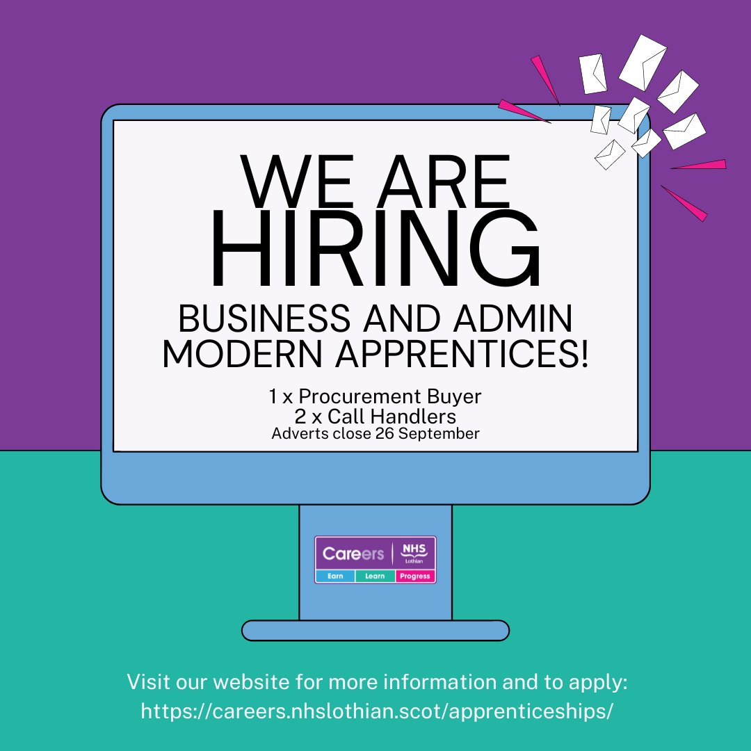 Our Business and Admin apprenticeship opportunities are now LIVE! We are looking to hire eager individuals who are looking to start an exciting career within <a href="/NHS_Lothian/">NHS Lothian</a>! Visit our website for more info and to apply: careers.nhslothian.scot/apprenticeship…