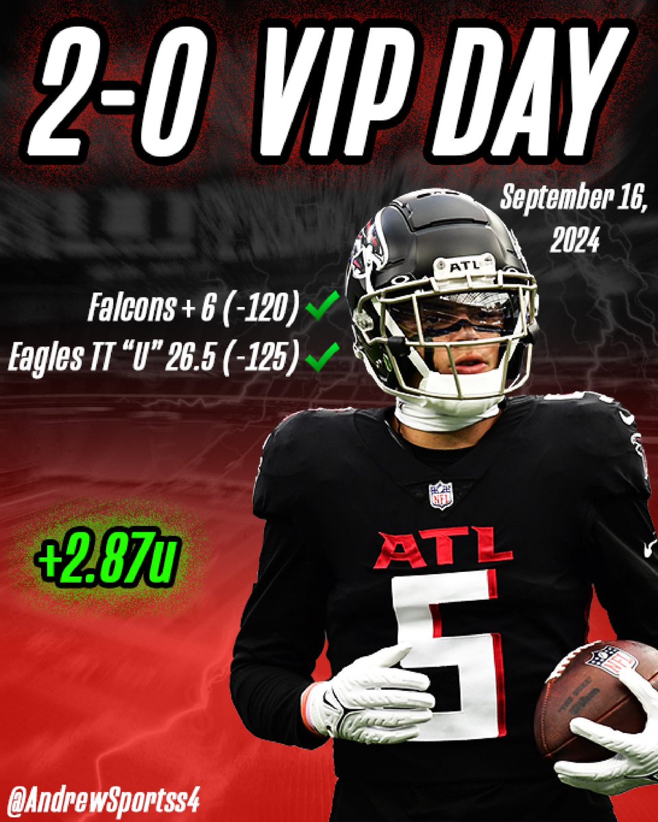 AndrewSportss4's tweet image. 2-0 VIP SWEEP POSTED FOR COMPLETELY FREE YESTERDAY! 🍀

• Falcons +6 (-120) ✅
• Eagles TT Points “U” 26.5 (-125) ✅

ALL RTs on this post will get my card for FREE today and will have EARLY access!