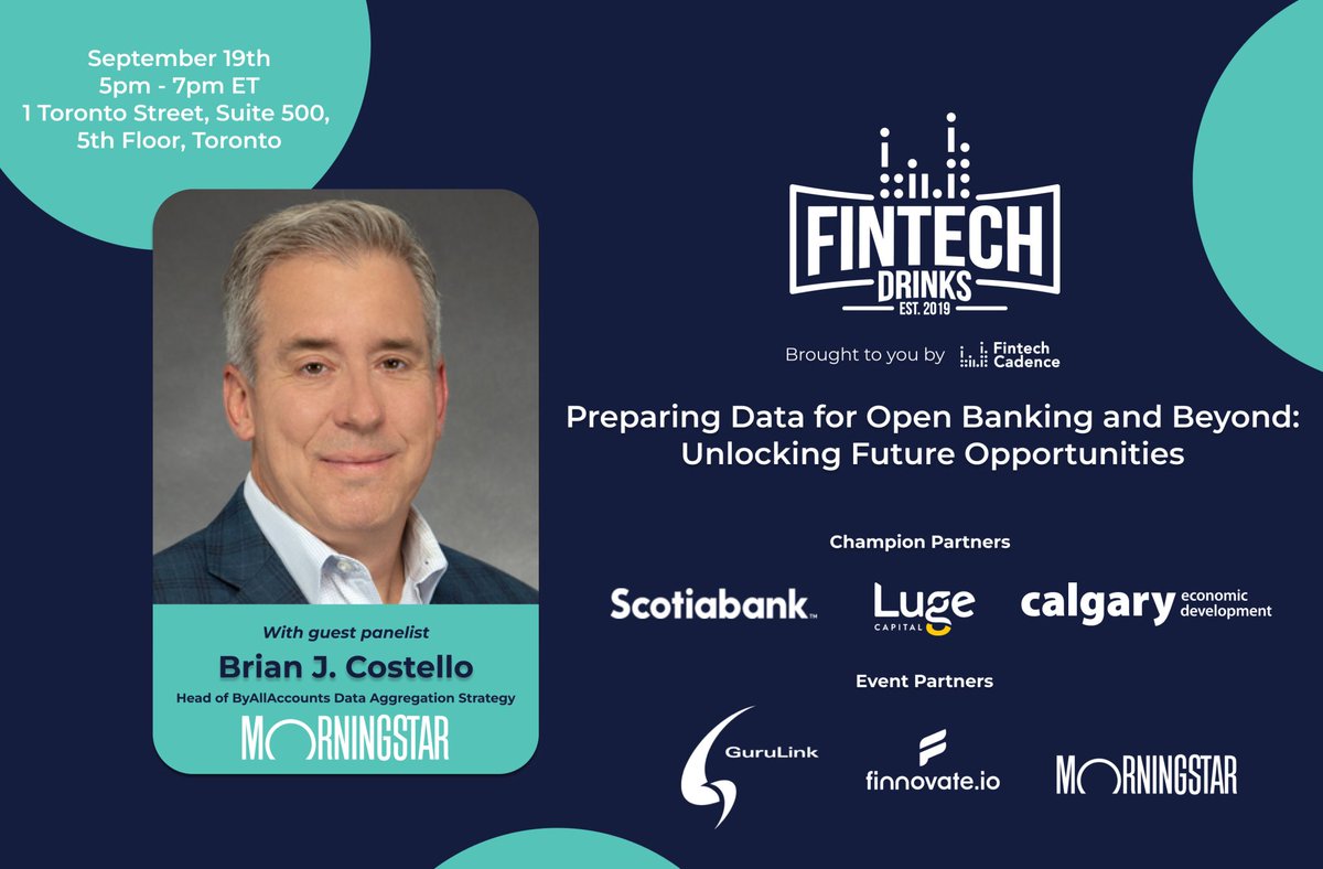 MorningstarInc's tweet photo. Looking forward to @FintechCadence 2024 Fintech Drinks Toronto Edition this Thursday. Our very own Brian Costello will be joining a panel from Visa and Ozone API to talk about Open Banking. Learn more here: https://t.co/H1QcAoRDZt

#FintechDrinks #OpenBanking #FintechCanada https://t.co/tCagIuoica
