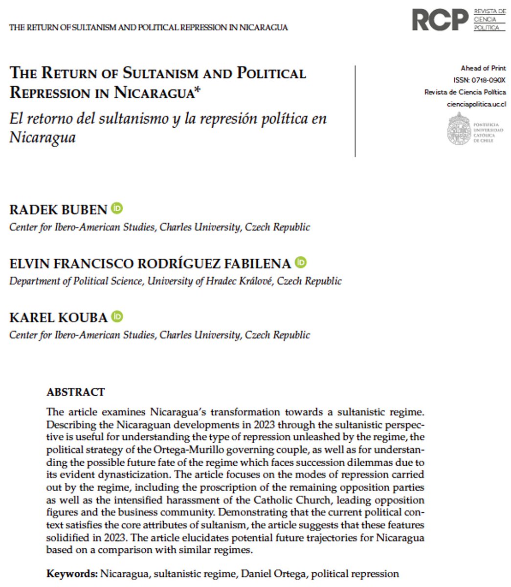 This article by Buben, <a href="/elvinfabilena/">Elvin Rodríguez</a> and <a href="/KarelKouba1/">Karel Kouba</a> in <a href="/rcp_journal/">RCP</a> offers an interesting analysis of Nicaragua, considering the Ortega-Murillo regime as a case of sultanism, a concept elaborated by Weber and refined by Linz.

Free download: scielo.cl/pdf/revcipol/2…