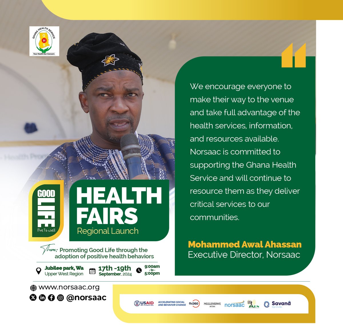 norsaac's tweet photo. Highlights from the Inspiring Speeches at the GoodLife Health Fairs Launch in Upper West!
We are excited to share the impactful words delivered by our esteemed guest speakers.
 #GoodLifeHealthFair #HealthForAll #UpperWest #CommunityHealth #PublicHealth #USAIDASBC #Norsaac https://t.co/VuRMkpMsRe