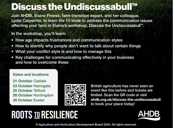 AHDB Beef & Lamb (@ahdb_beeflamb) on Twitter photo With #BPS declining, it's time to face the tough conversations💬
Our upcoming workshops with <a href="/ElaineFroese/">Elaine Froese</a> will guide you on effective communication & planning for the future of your farm🌱
🚨Industry - Please help us spread the word by resharing! 👇
🔗ahdb.org.uk/discuss-the-un… With #BPS declining, it's time to face the tough conversations💬
Our upcoming workshops with <a href="/ElaineFroese/">Elaine Froese</a> will guide you on effective communication & planning for the future of your farm🌱
🚨Industry - Please help us spread the word by resharing! 👇
🔗ahdb.org.uk/discuss-the-un…