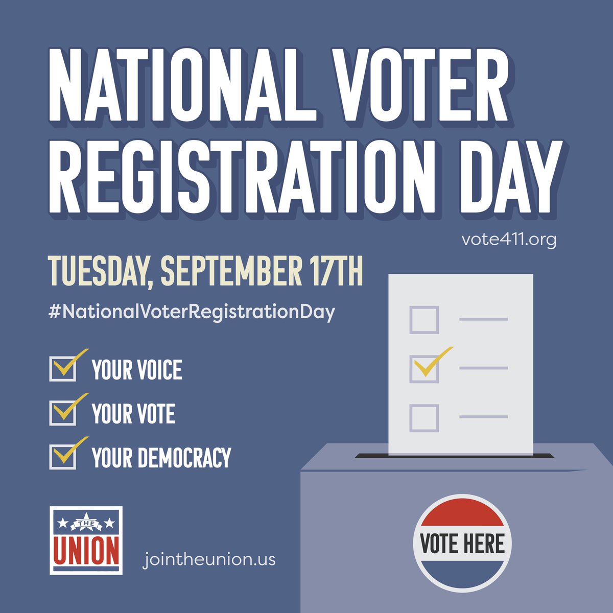 JoinTheUnionUS's tweet image. 🚨 It’s National Voter Registration Day! 🚨
Your vote is your voice—make sure you’re ready to use it. 🗳️
Check your registration or sign up today: vote.org 
Every vote counts, and democracy needs YOU! #NationalVoterRegistrationDay #RegisterToVote #JoinTheUnionUS