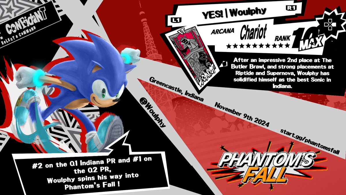 Let's do it to it! Running toward Phantom's Fall at lightning speed, <a href="/YesGamingGym/">YESGaming</a>'s strongest Sonic, <a href="/Woulphy/">Woulphy</a> appears to reveal your true form! Catch him and many others at Phantom's Fall, happening November 9th at DePauw University!